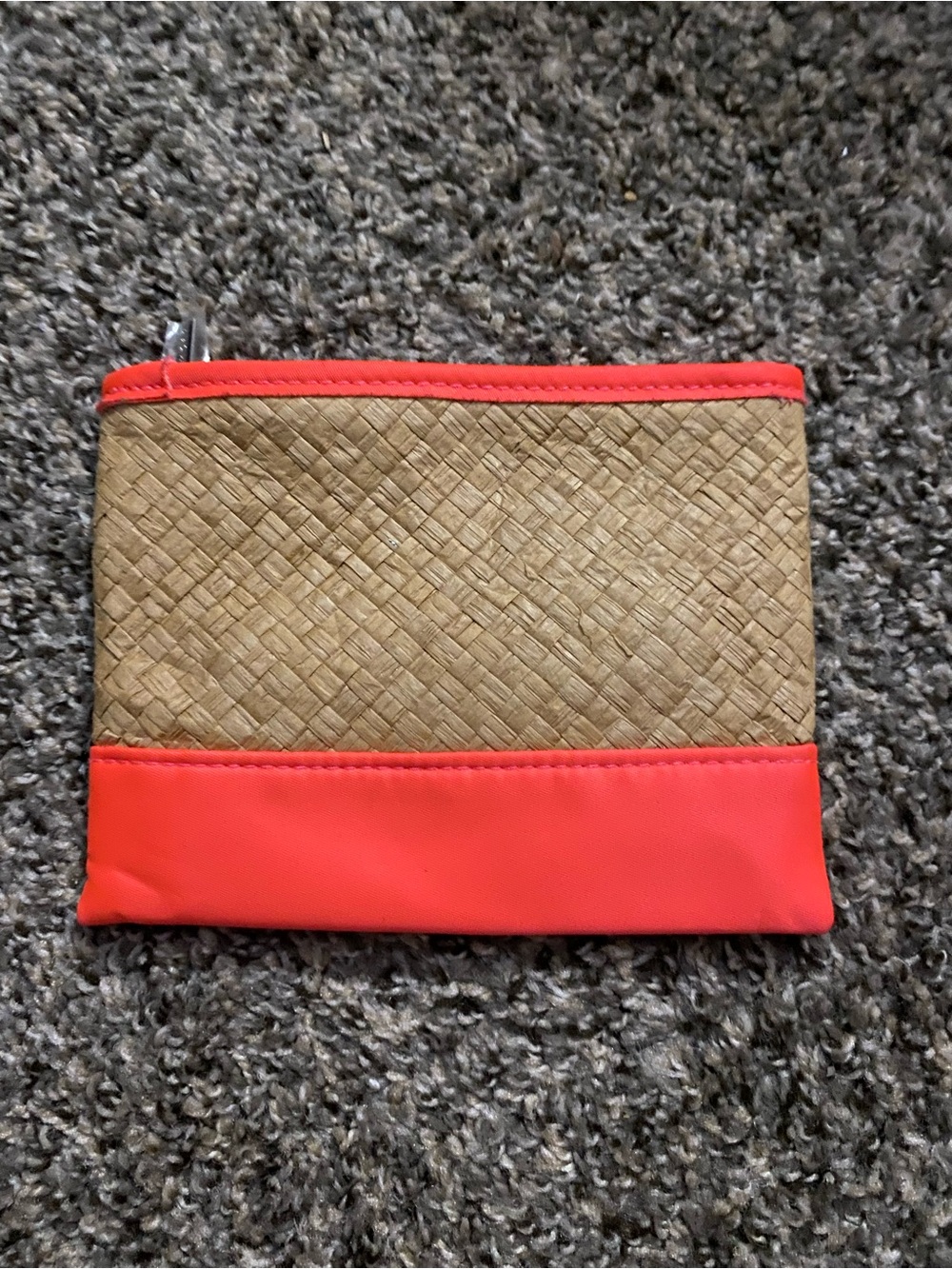 Sephora summer woven straw and coral makeup bag